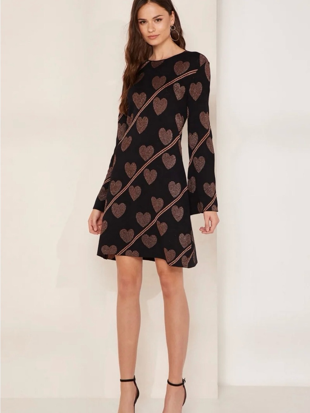 Ted Baker Uzeniaa Fluted Sleeve Joyous Heart Mini Dress Black and Rose Gold